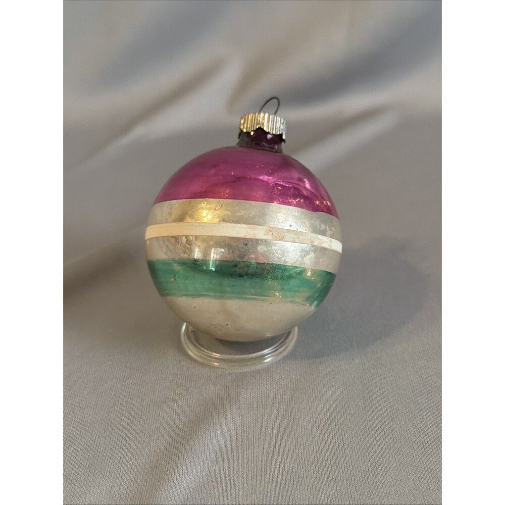 Vintage Shiny Brite Striped Glass Ball Christmas Ornament USA Silver Pink Green